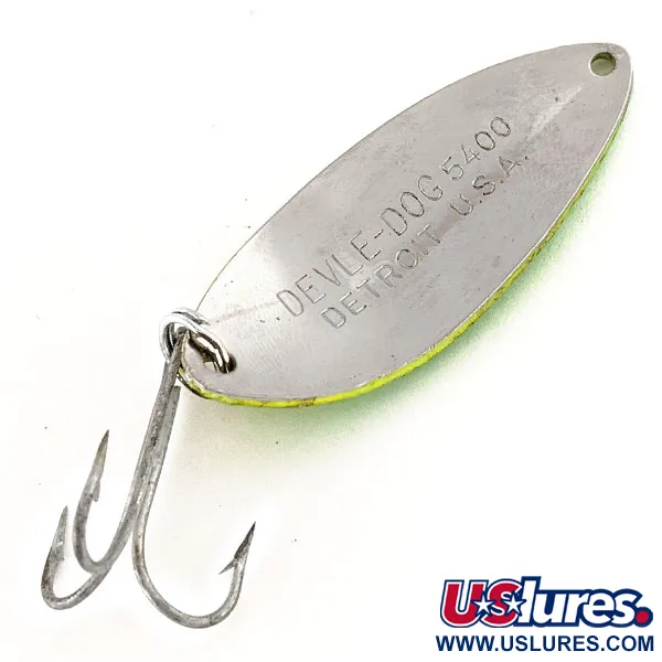 Eppinger Dardevle Devle-Dog 5400 UV (світиться в ультрафіолеті), жовтий/зелений/нікель, 14 г, блесна коливалка (колебалка) #12409