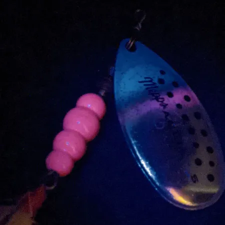 Mepps Aglia 5 Dressed (хвіст з хутра оленя) UV (світиться в ультрафіолеті), срібло/райдужна форель, 14 г, блешня оберталка (вертушка) #13519