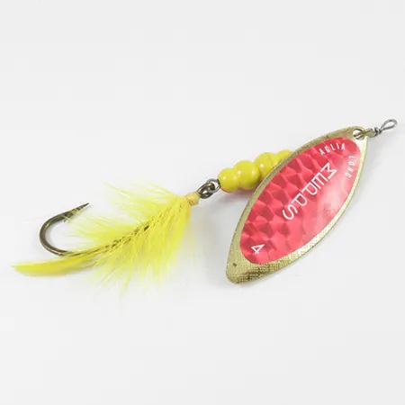 Mepps Aglia Long 4 Dressed (з хвостом), червоний/жовтий/латунь, 17 г, блешня оберталка (вертушка) #2591