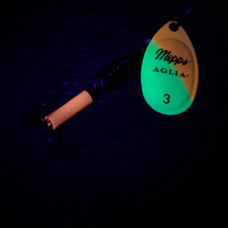 Mepps Aglia 3 UV (світиться в ультрафіолеті), жовтий/помаранчевий/золото UV - світиться в ультрафіолеті, 7 г, блешня оберталка (вертушка) #3983