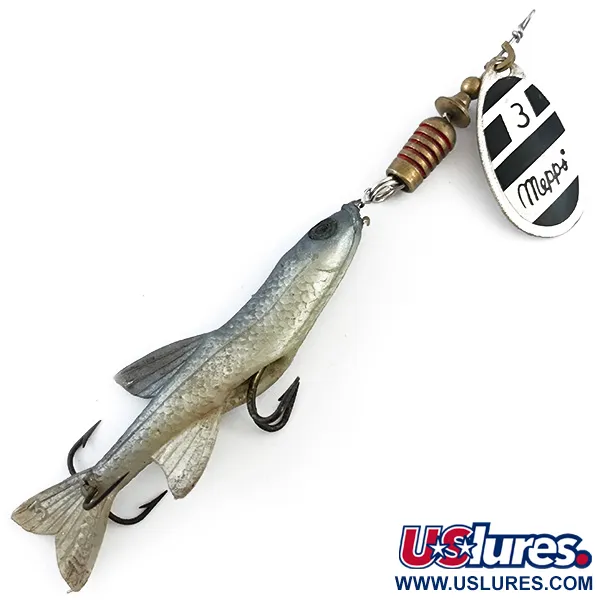  Блесна Mepps Aglia 3 Mino (з гумовою рибкою), срібло/білий/чорний, 10 г, блешня оберталка (вертушка) #5381
