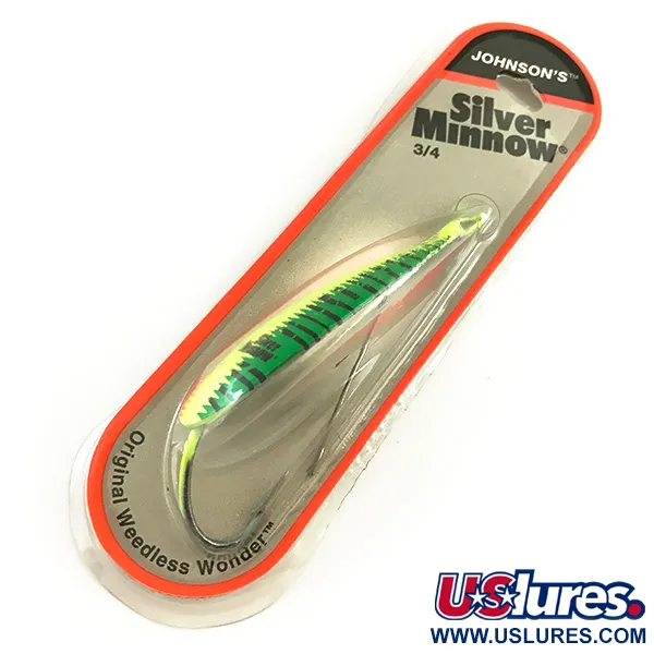  Незачіпляйка Johnson Silver Minnow, помаранчевий/зелений/жовтий/нікель/UV - світиться в ультрафіолеті, 21 г, блесна коливалка (колебалка) #6192