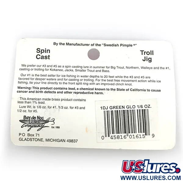 Bay de Noc Do-Jigger 1, білий/зелений Glow - світиться в темряві та в ультрафиолете, 5 г, блесна коливалка (колебалка) #6736