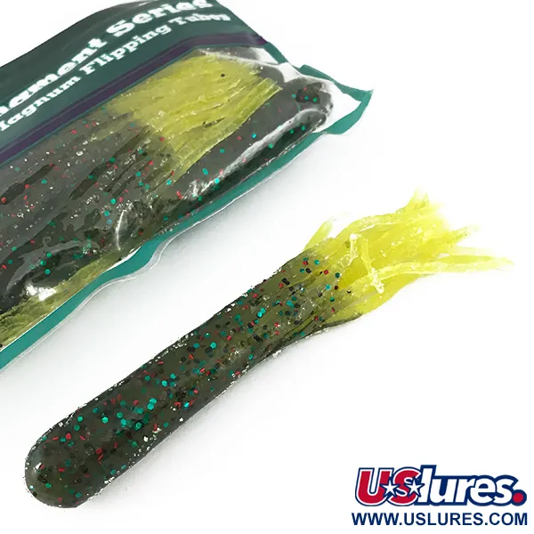 Bass Pro Shops Salty Magnum Flipping Tubes, силікон, 8 шт., Green Pumpkin Chartreuse Skirt, до рибалки #6833