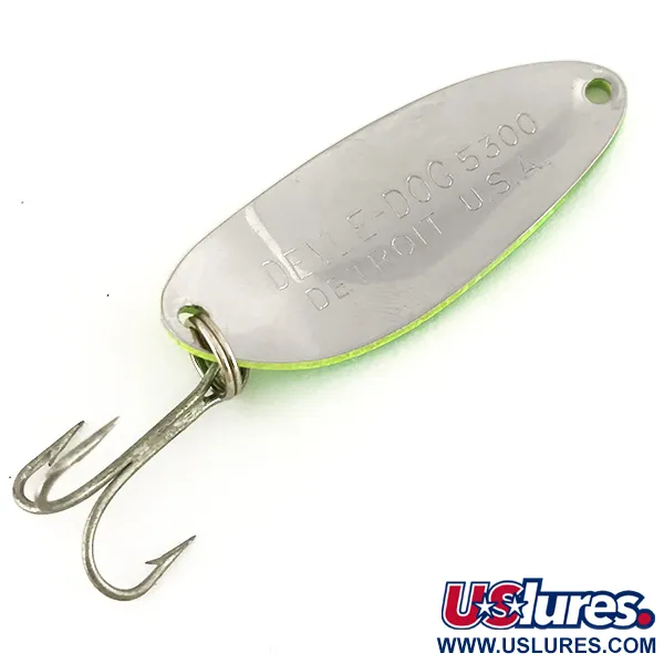 Eppinger Dardevle Devle-Dog 5300 UV (світиться в ультрафіолеті), жовтий/зелений/нікель, 10 г, блесна коливалка (колебалка) #7636