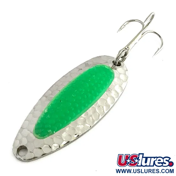  Nebco Pixee UV (світиться в ультрафіолеті), карбований нікель/зелений, 14 г, блесна коливалка (колебалка) #9050